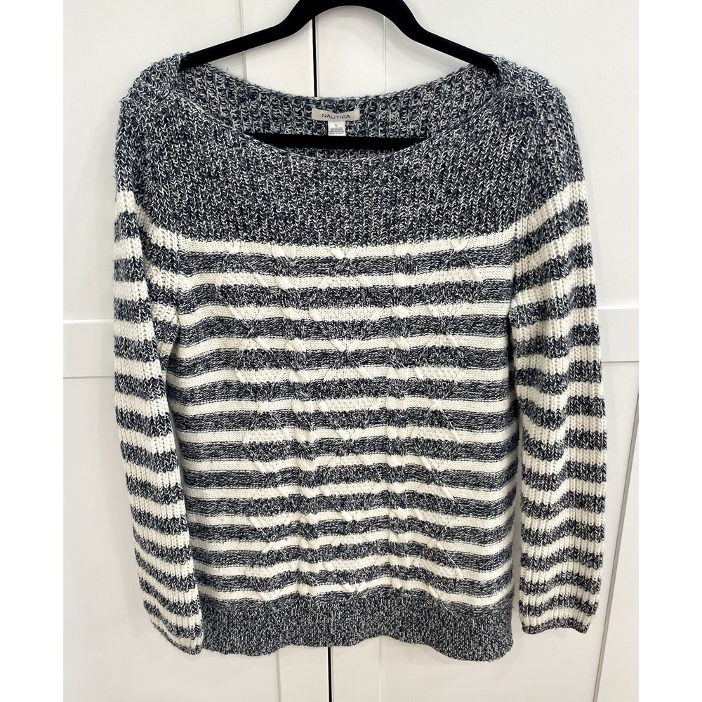 Nautica Navy Blue White Striped Cable Knit Sweater Women Large Boatneck Coastal
